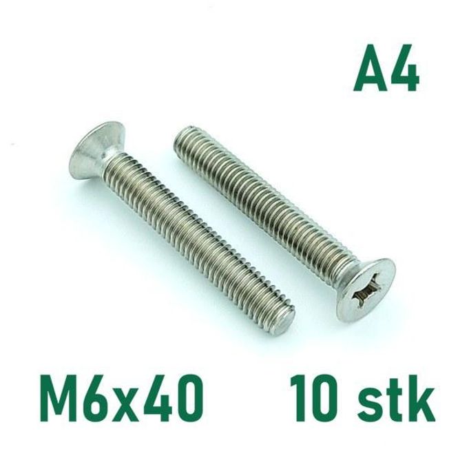 Hovedbilde M6x40 Maskinskrue 10 stk Senkehode Syrefast A4