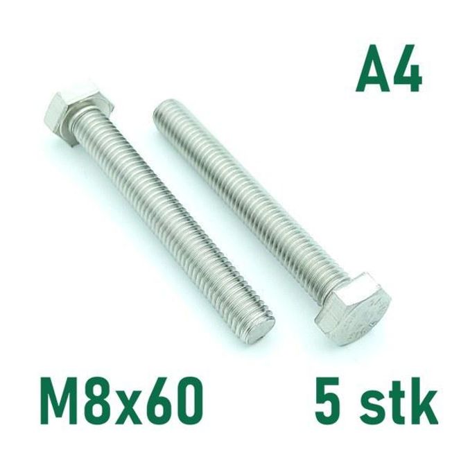 Hovedbilde M8x60 Sekskantskrue 5 stk  Syrefast A4