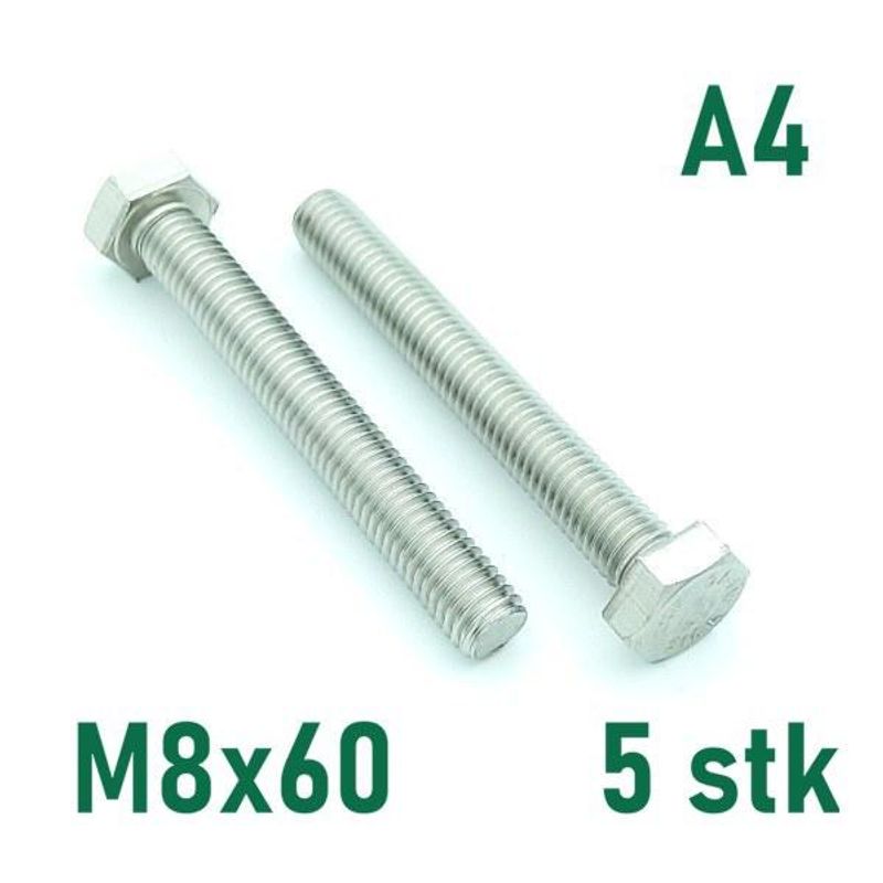 M8x60 Sekskantskrue 5 stk  Syrefast A4