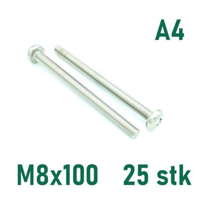 Hovedbilde M8x100 Maskinskrue 25 stk Panhode Syrefast A4