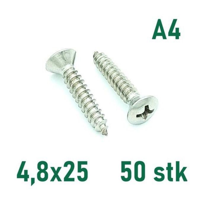 Hovedbilde 4,8x25 Plateskrue 50 stk Linsehode Syrefast A4