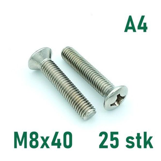Hovedbilde M8x40 Maskinskrue 25 stk Linsehode Syrefast A4