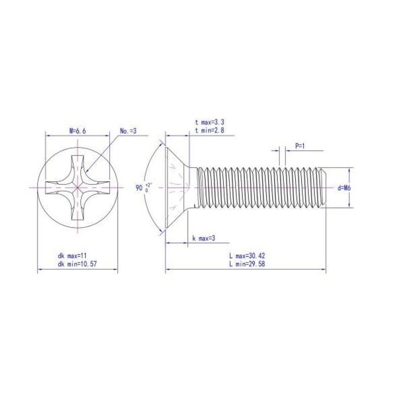M6x30 Maskinskrue 10 stk Senkehode Syrefast A4