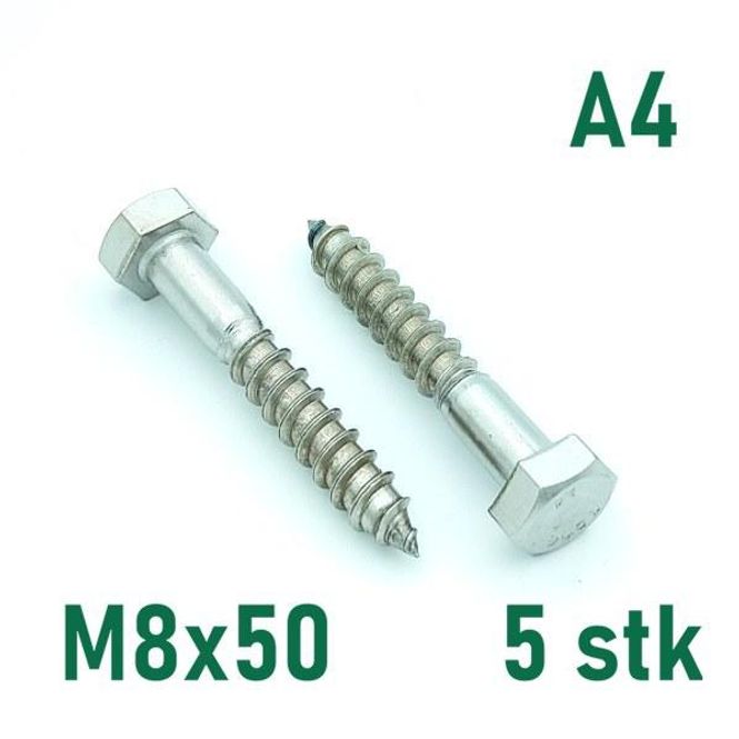 Hovedbilde M8x50 Fransk Treskrue 5 stk Syrefast A4