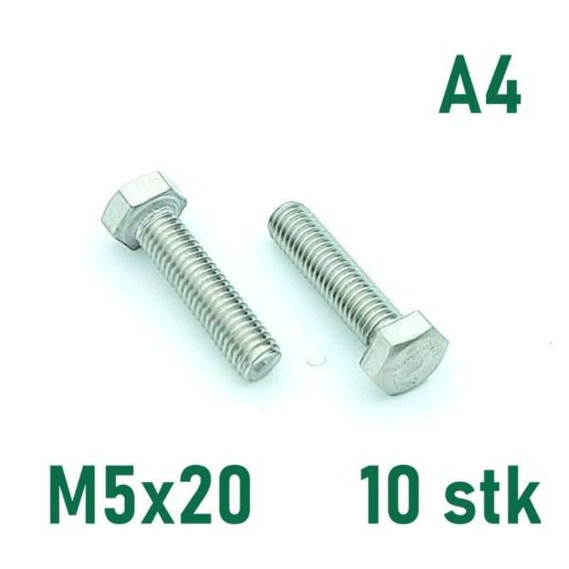 M5x20 Sekskantskrue 10 stk  Syrefast A4