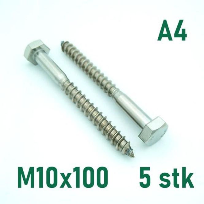 Hovedbilde M10x100 Fransk Treskrue 5 stk Syrefast A4