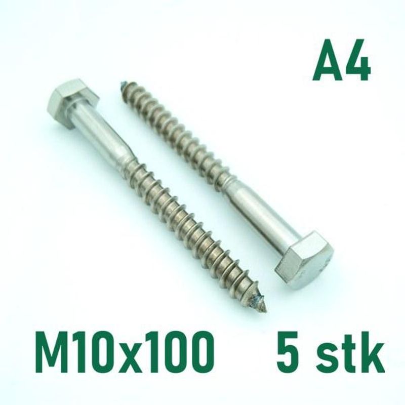 M10x100 Fransk Treskrue 5 stk Syrefast A4