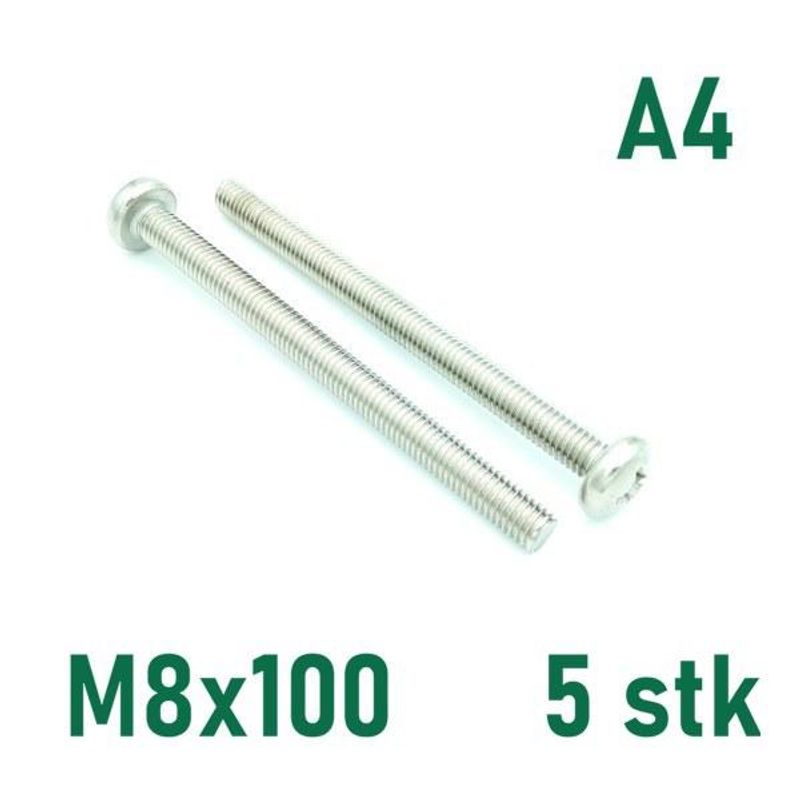 M8x100 Maskinskrue 5 stk Panhode Syrefast A4