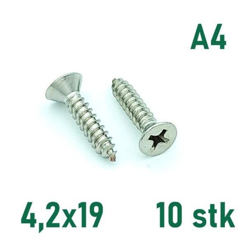 4,2x19 Plateskrue 10 stk Senkehode Syrefast A4