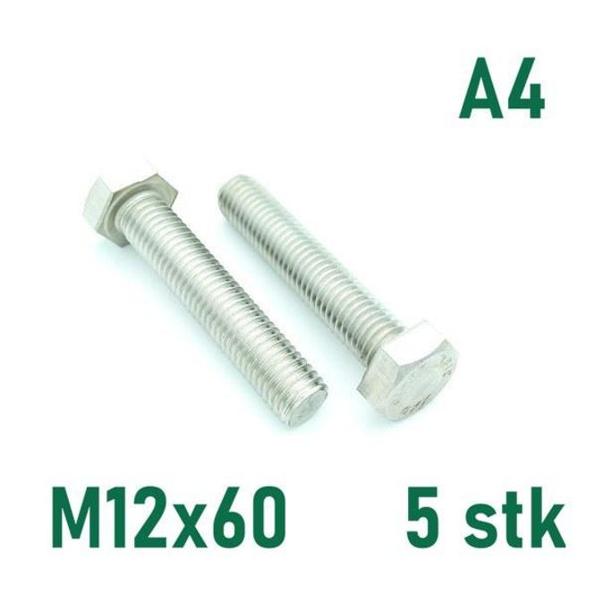 Hovedbilde M12x60 Sekskantskrue 5 stk  Syrefast A4