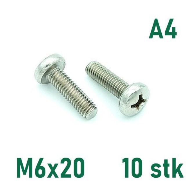 Hovedbilde M6x20 Maskinskrue 10 stk Panhode Syrefast A4