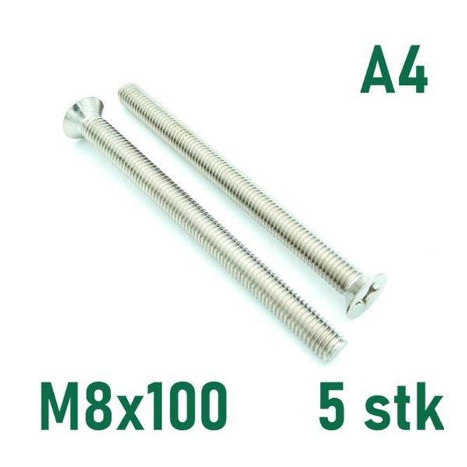 Hovedbilde M8x100 Maskinskrue 5 stk Senkehode Syrefast A4