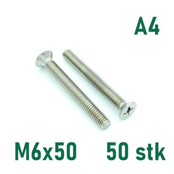 Hovedbilde M6x50 Maskinskrue 50 stk Senkehode Syrefast A4