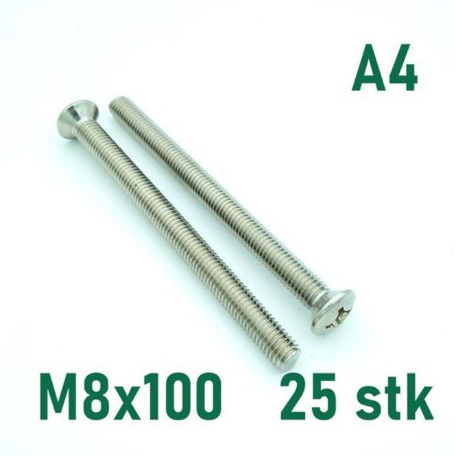 Hovedbilde M8x100 Maskinskrue 25 stk Linsehode Syrefast A4