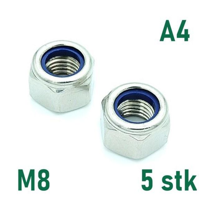 Hovedbilde M8 Låsemutter 5 stk  Syrefast A4