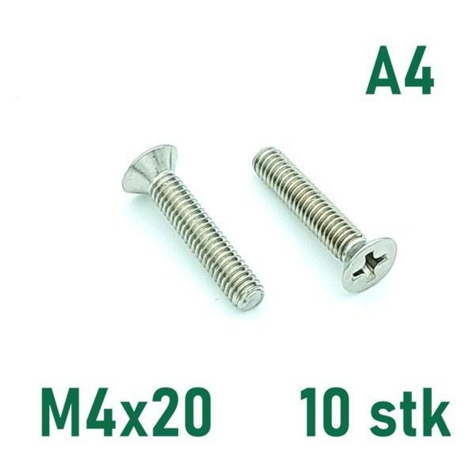 Hovedbilde M4x20 Maskinskrue 10 stk Senkehode Syrefast A4