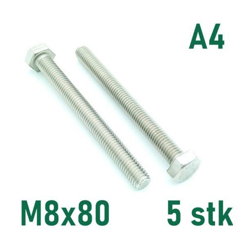 M8x80 Sekskantskrue 5 stk  Syrefast A4