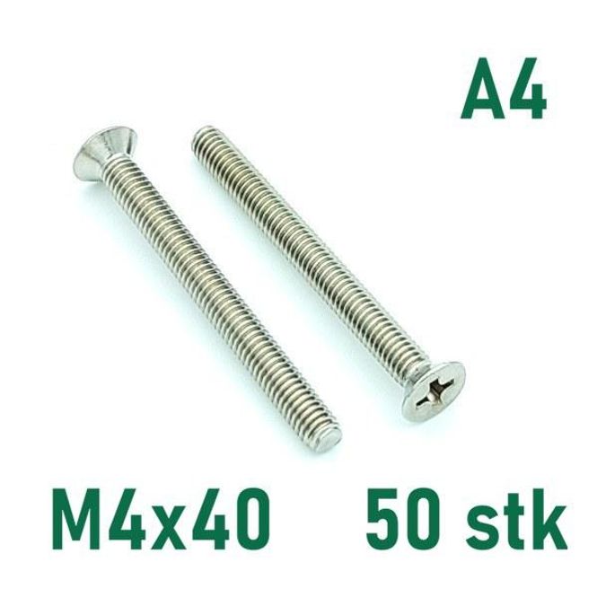 Hovedbilde M4x40 Maskinskrue 50 stk Senkehode Syrefast A4