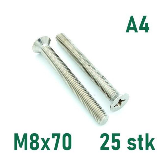 Hovedbilde M8x70 Maskinskrue 25 stk Senkehode Syrefast A4
