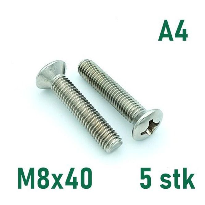 Hovedbilde M8x40 Maskinskrue 5 stk Linsehode Syrefast A4
