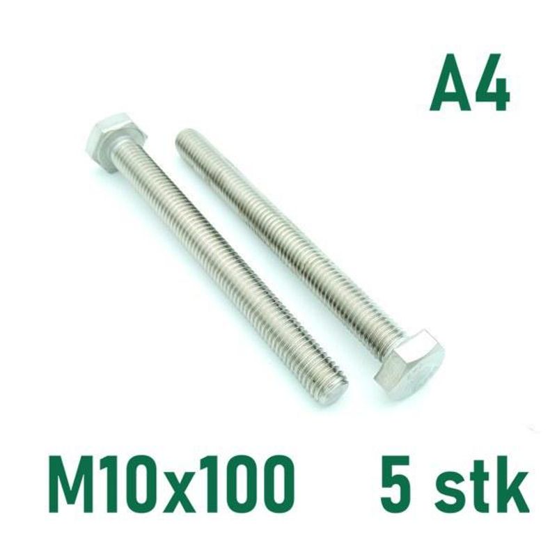 M10x100 Sekskantskrue 5 stk  Syrefast A4