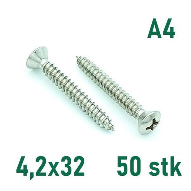 Hovedbilde 4,2x32 Plateskrue 50 stk Linsehode Syrefast A4