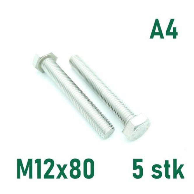 Hovedbilde M12x80 Sekskantskrue 5 stk  Syrefast A4