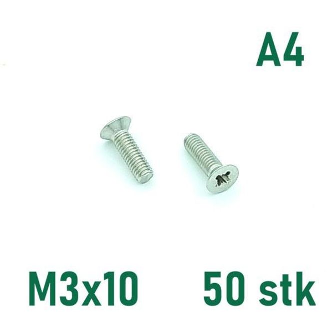 Hovedbilde M3x10 Maskinskrue 50 stk Senkehode Syrefast A4