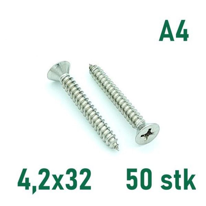 Hovedbilde 4,2x32 Plateskrue 50 stk Senkehode Syrefast A4