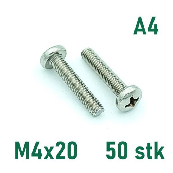 Hovedbilde M4x20 Maskinskrue 50 stk Panhode Syrefast A4