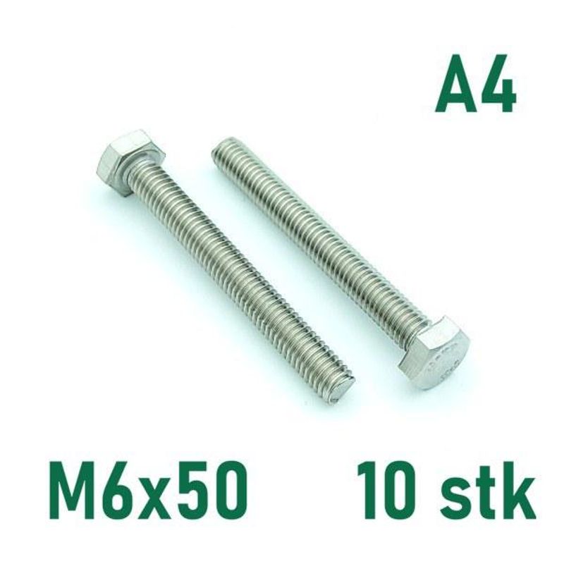 M6x50 Sekskantskrue 10 stk  Syrefast A4