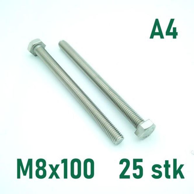 Hovedbilde M8x100 Sekskantskrue 25 stk  Syrefast A4
