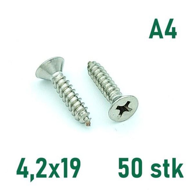 Hovedbilde 4,2x19 Plateskrue 50 stk Senkehode Syrefast A4
