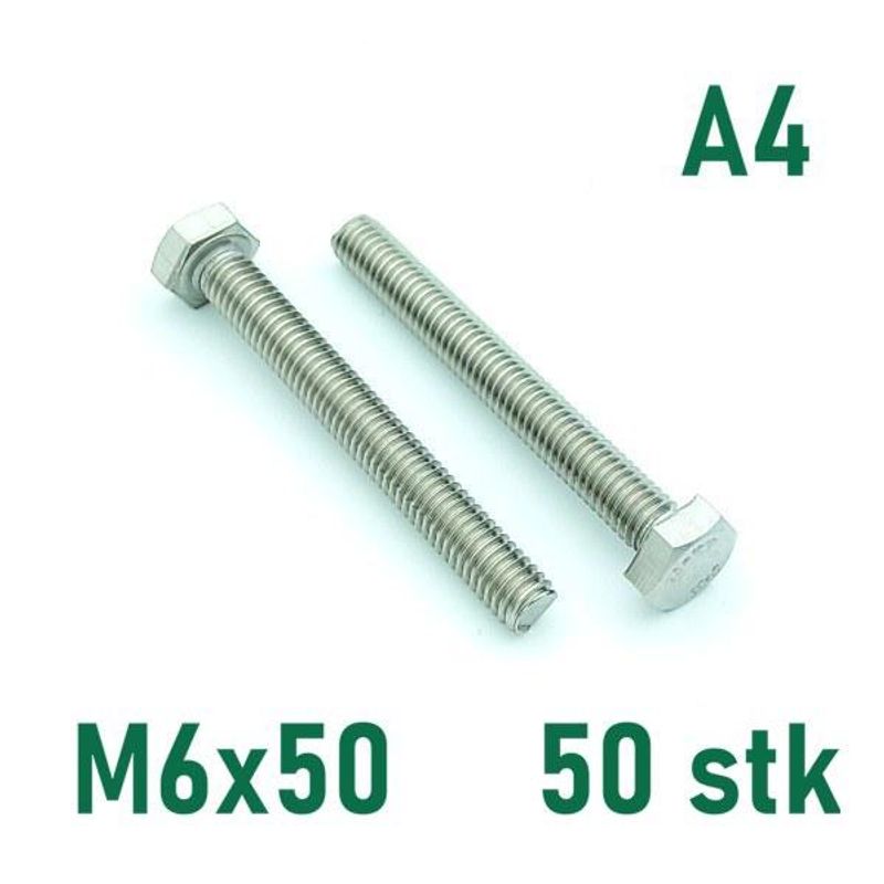 M6x50 Sekskantskrue 50 stk  Syrefast A4