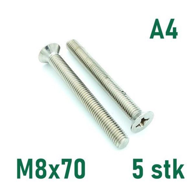 Hovedbilde M8x70 Maskinskrue 5 stk Senkehode Syrefast A4